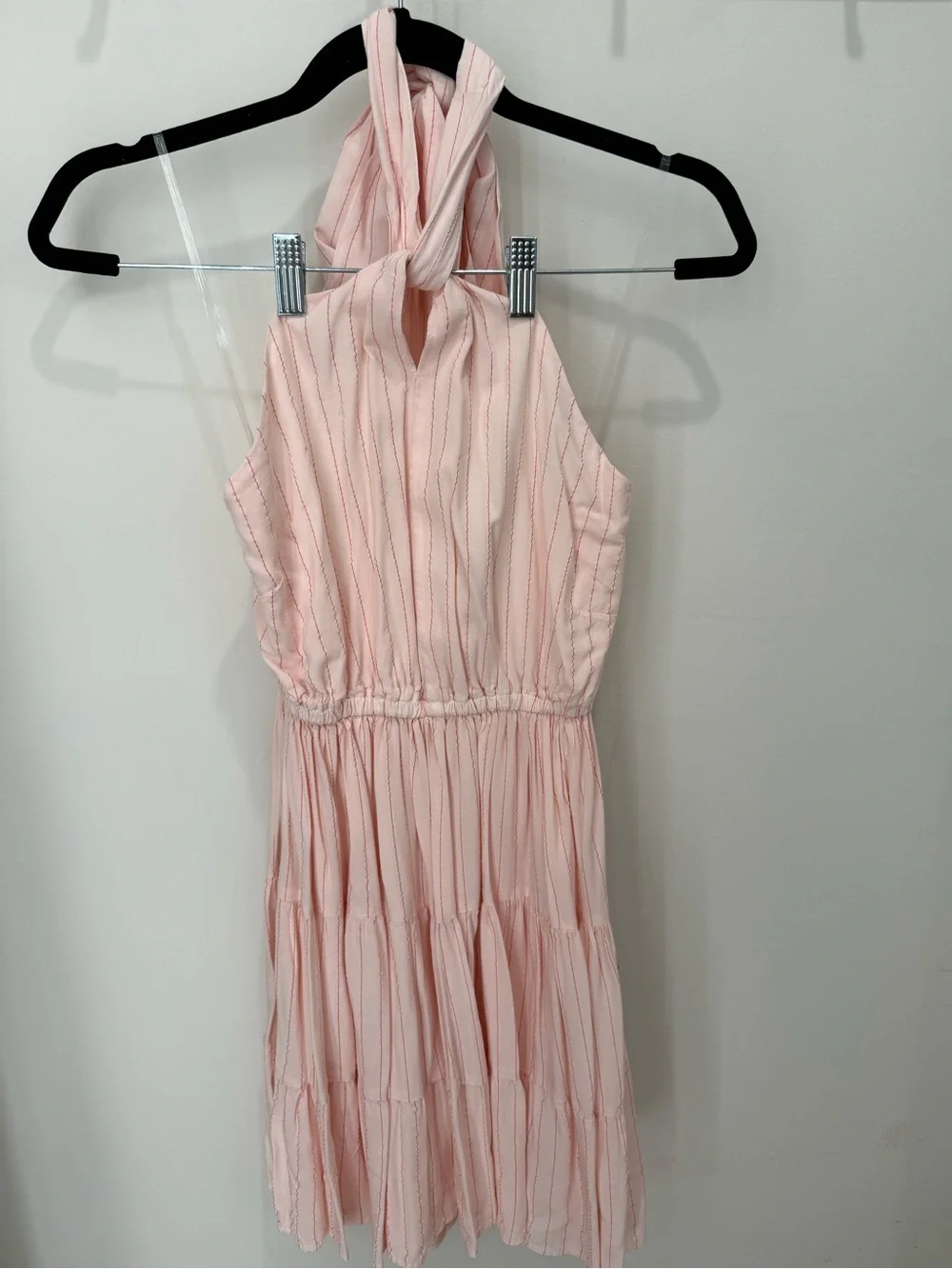 NWT Self Contrast Pink Striped Halter Tiered Mini Dress XS